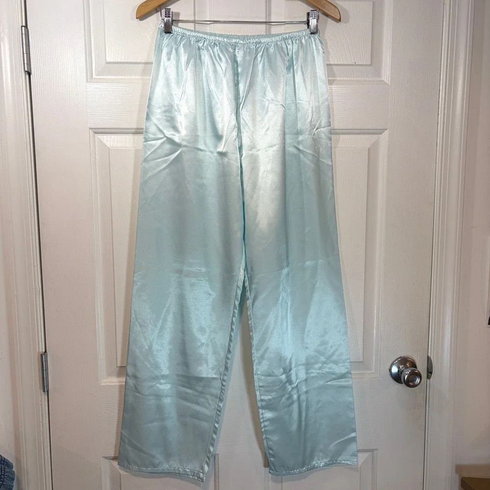 Circa 2000 Vintage 90s Light Blue Satin Pajama Set Shirt Pants Womens L Pastel